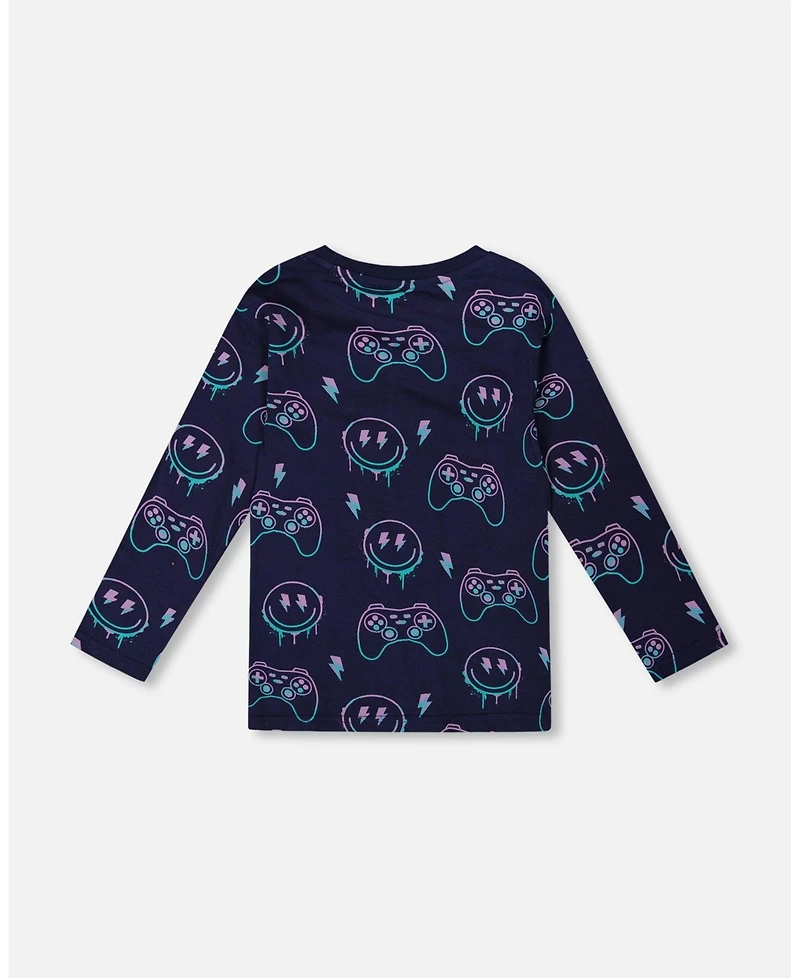 Deux par Boy Long Sleeve Cotton Allover Print Tee Navy Blue - Child