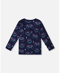 Deux par Boy Long Sleeve Cotton Allover Print Tee Navy Blue - Child