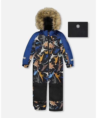 Deux par Boy One-Piece Play Snowsuit Black Dinosaur Print - Child