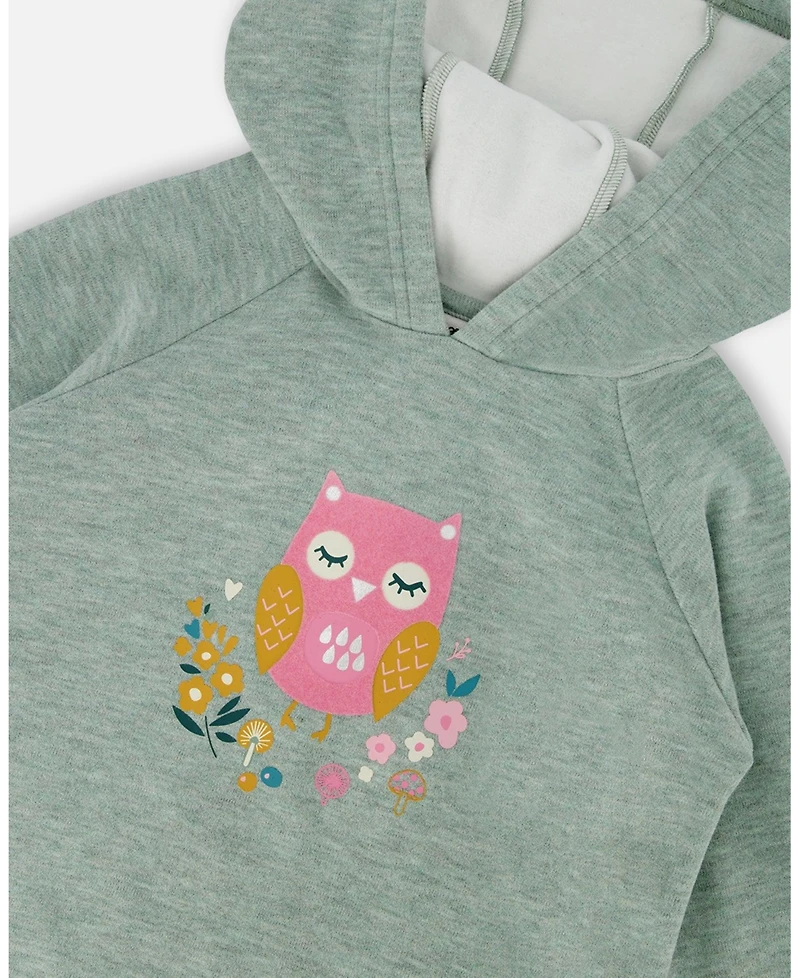 Deux par Girl Hooded Tunic Sage Green with Owl Print