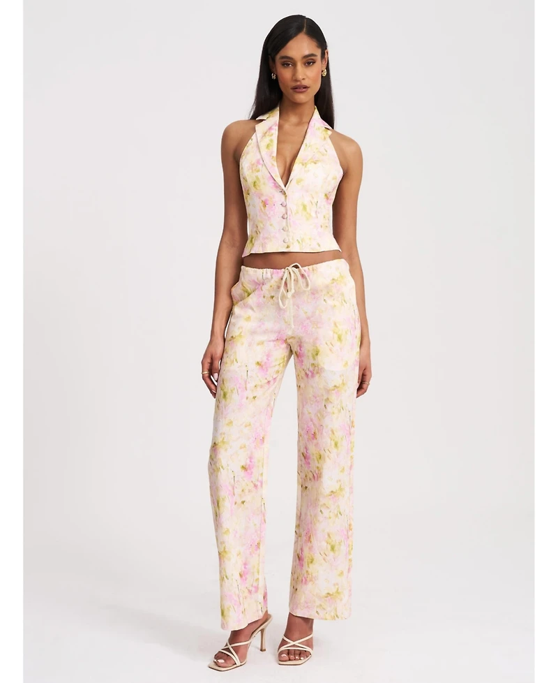 Miss Circle Women Lauren Pink Floral Print Ruched Back Linen Suit Vest