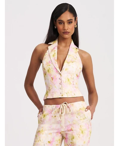 Miss Circle Women Lauren Pink Floral Print Ruched Back Linen Suit Vest