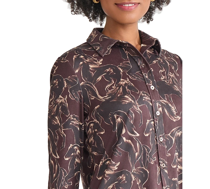 Jones New York Women's Printed Long Sleeve Button Front Top