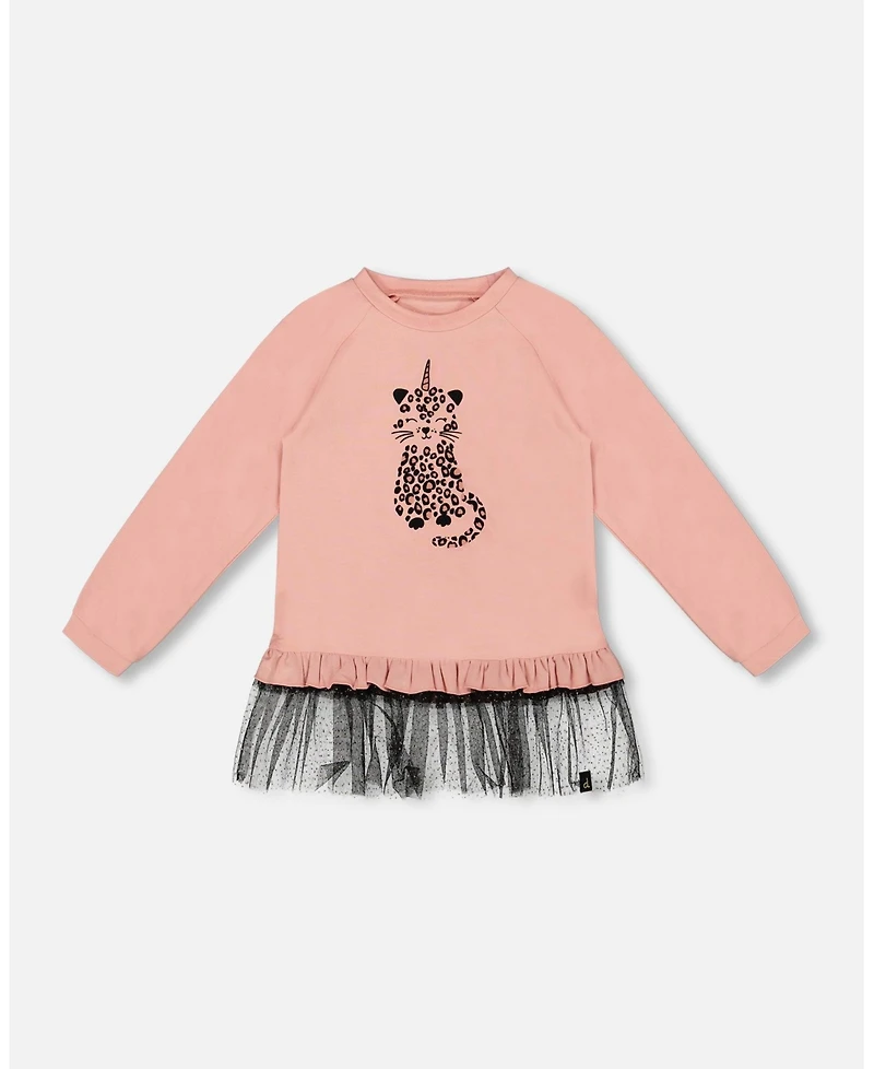 Deux par Girl Long Bi-Material Top Dusty Pink with Mesh Ruffle Hem and Leopard Print - Toddler|Child