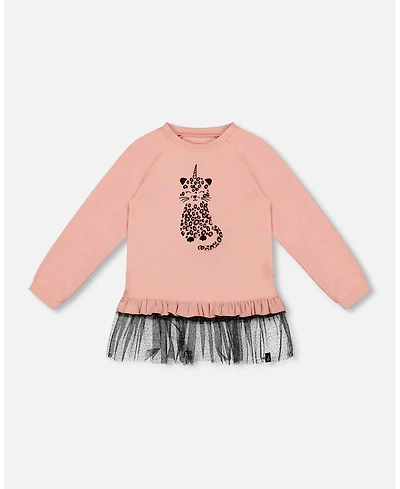Deux par Girl Long Bi-Material Top Dusty Pink with Mesh Ruffle Hem and Leopard Print - Toddler|Child