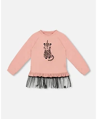 Deux par Girl Long Bi-Material Top Dusty Pink with Mesh Ruffle Hem and Leopard Print - Toddler|Child