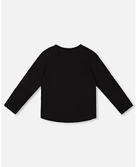 Deux par Toddler Girls Cotton Long Sleeve T-Shirt Black with Sequin Rainbow - Toddler|Child