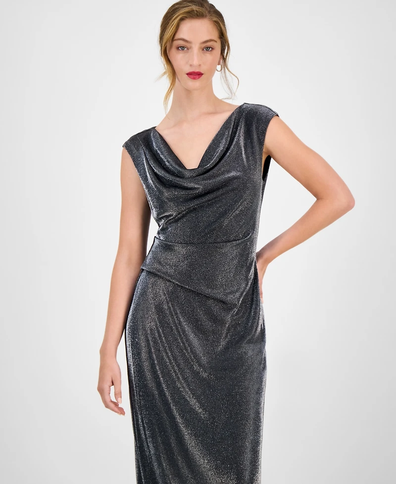 Connected Women's Knit Draped-Neck Metallic Gown