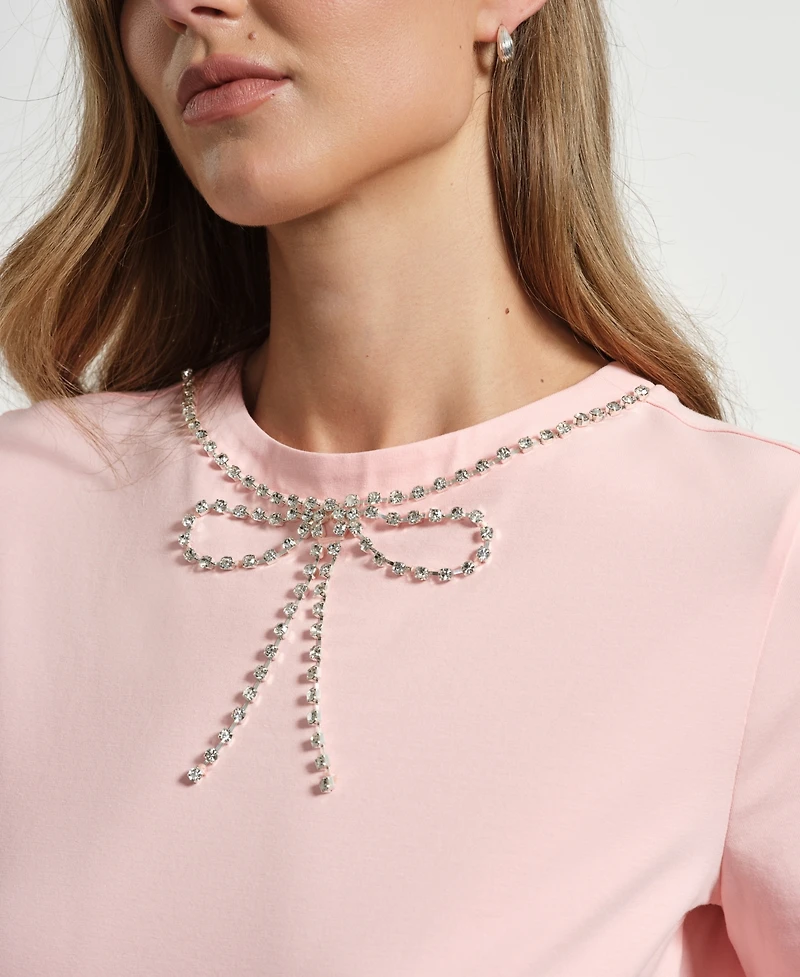 Isaac Mizrahi Women's Crystal Bow Neck T-Shirt