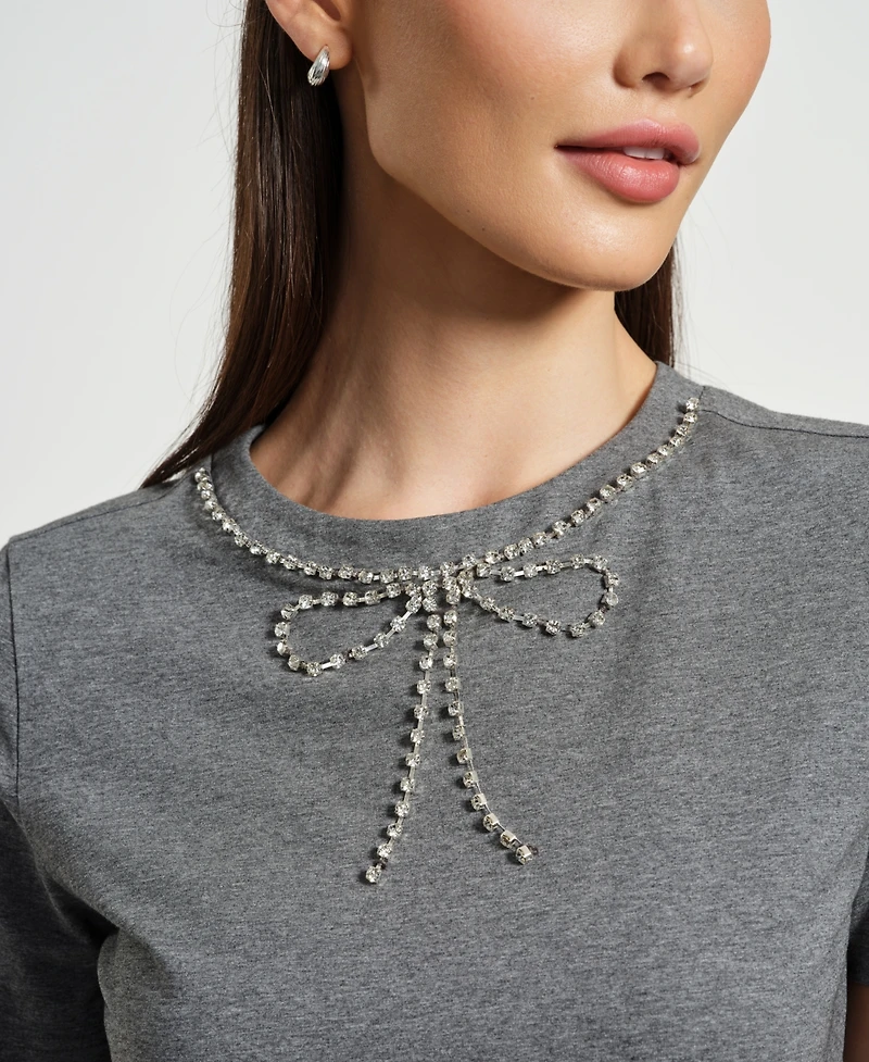 Isaac Mizrahi Women's Crystal Bow Neck T-Shirt