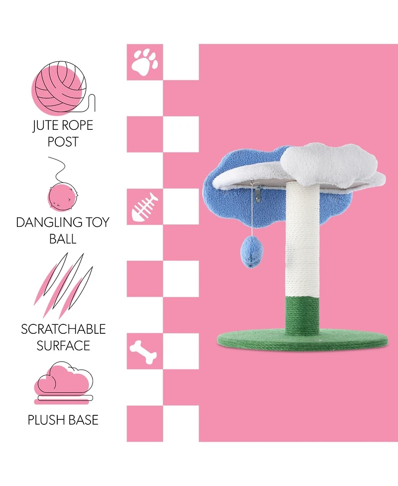 The Licker Store Sami 21.5" Modern Jute Cloud Cat Tree with Scratching Post, and Fuzzy Toy, White/Blue/Green