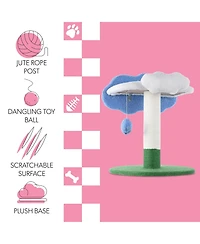 The Licker Store Sami 21.5" Modern Jute Cloud Cat Tree with Scratching Post, and Fuzzy Toy, White/Blue/Green