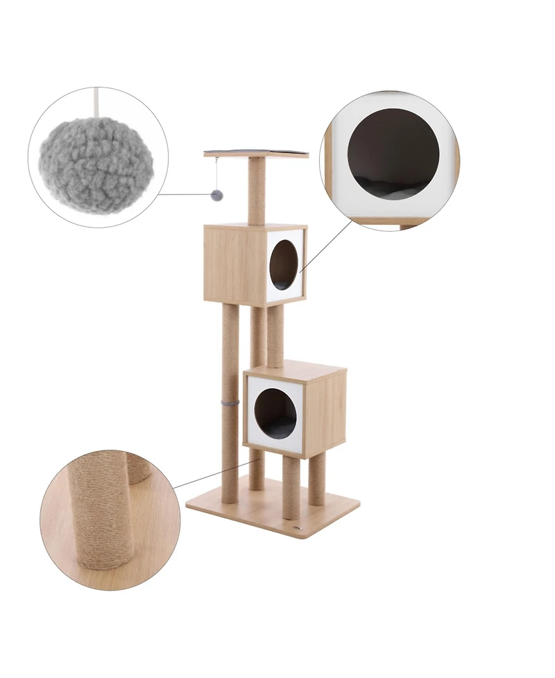 The Licker Store Sawyer 56" 3-Tier Minimalist Jute Cat Tree Condo with Scratching posts, and Fuzzy Toy, Brown/White