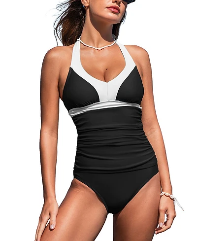 Cupshe Women's Halter Neck Self Tie Ruched Tankini Sets