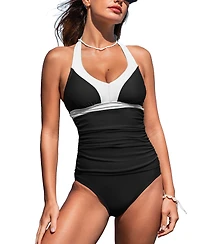 Cupshe Women's Halter Neck Self Tie Ruched Tankini Sets