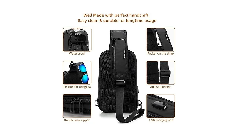 14 inch Sling Bag for Men,Black Crossbody Bag with Usb Charging Port Fits 10.2inch iPad, Casual