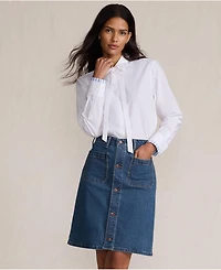 Lands' End Women's Soft Denim Mid Rise Button Through Above the Knee Skirt