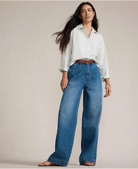 Lands' End Women's Petite Soft Denim High Rise Wide Leg Top Stitch Trousers