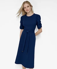Dkny Women's Ruched-Sleeve Belted Fit and Flare Midi Dress