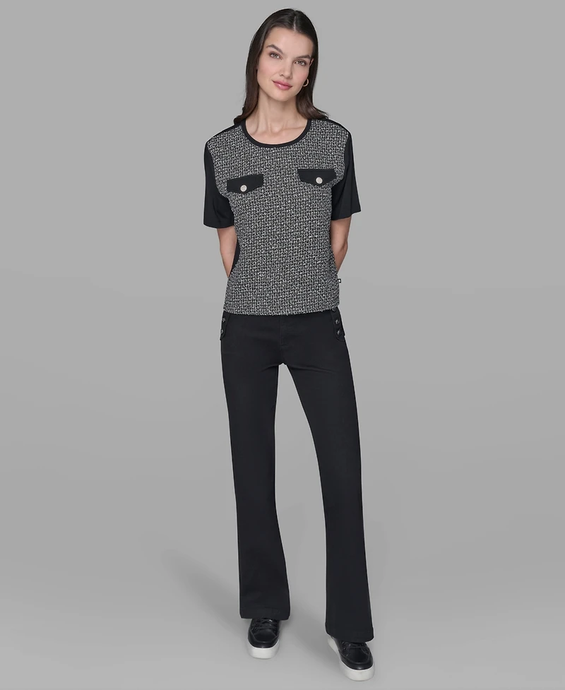 Karl Lagerfeld Paris Women's Tweed Pocket Knit Short Sleeve Top