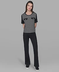 Karl Lagerfeld Paris Women's Tweed Pocket Knit Short Sleeve Top