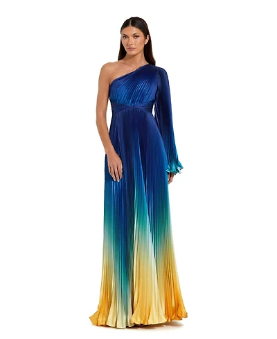 Mac Duggal Women's Pleated Charmeuse One Long Flare Sleeve Gown