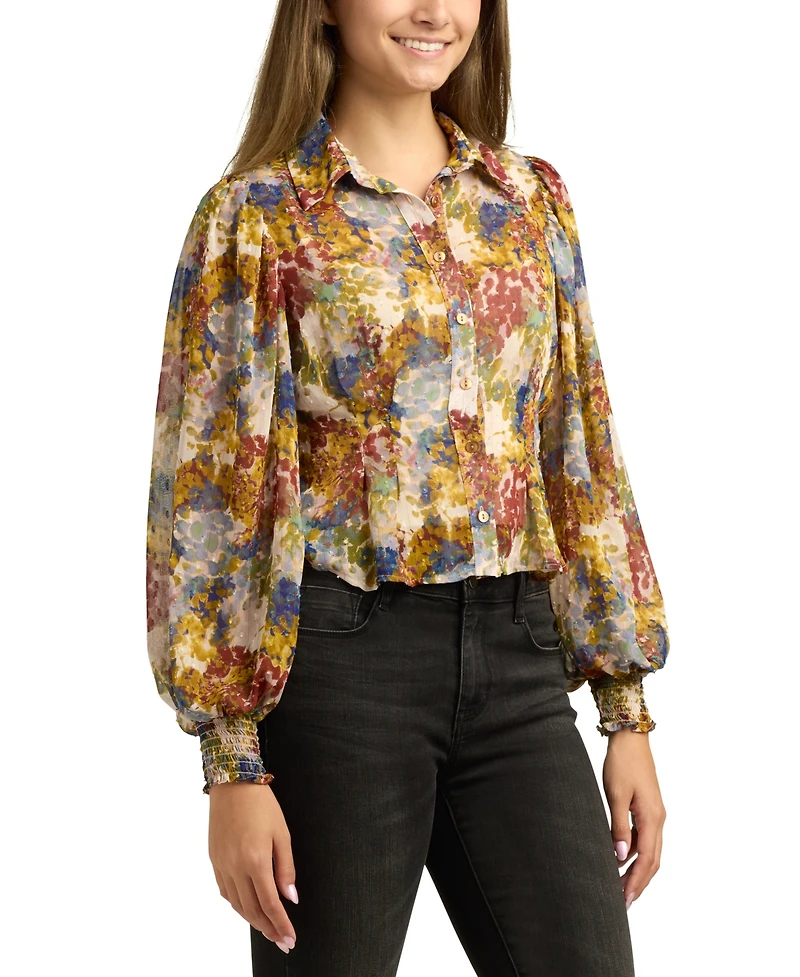 Bcx Juniors Printed Long-Bubble-Sleeve Button-Front Top