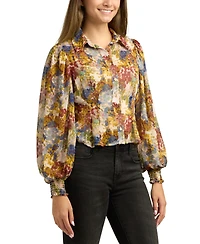 Bcx Juniors Printed Long-Bubble-Sleeve Button-Front Top