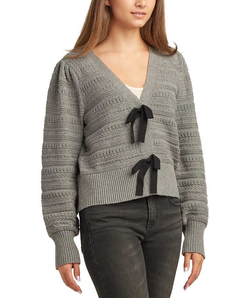 Bcx Juniors V-Neck Bow-Trim Long-Sleeve Cardigan