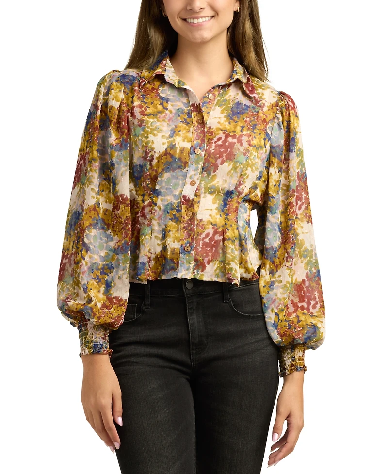 Bcx Juniors Printed Long-Bubble-Sleeve Button-Front Top