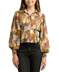 Bcx Juniors Printed Long-Bubble-Sleeve Button-Front Top