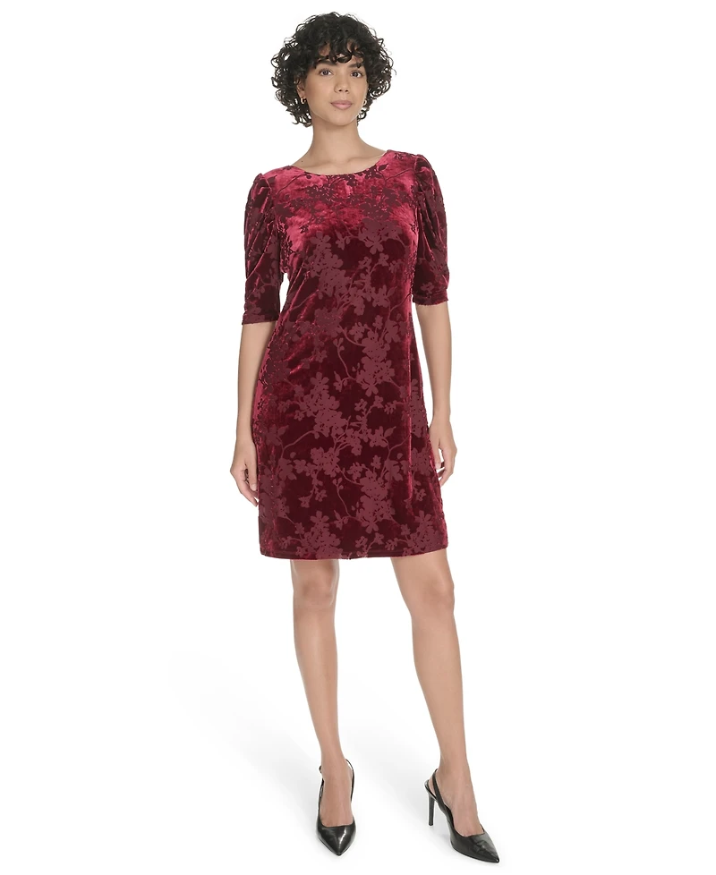 Tommy Hilfiger Women's Short Ruched Sleeve Velvet Dress