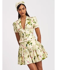 Miss Circle Women Zanella Green Floral Print Lace Trim Linen Top
