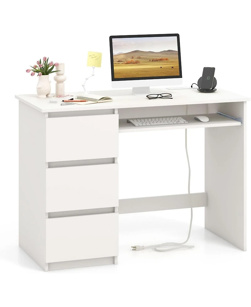 Mecale Computer Desk with Power Outlet Keyboard Tray and 3 Large Drawers