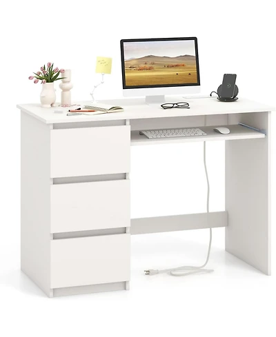 Mecale Computer Desk with Power Outlet Keyboard Tray and 3 Large Drawers