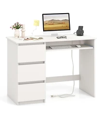 Mecale Computer Desk with Power Outlet Keyboard Tray and 3 Large Drawers