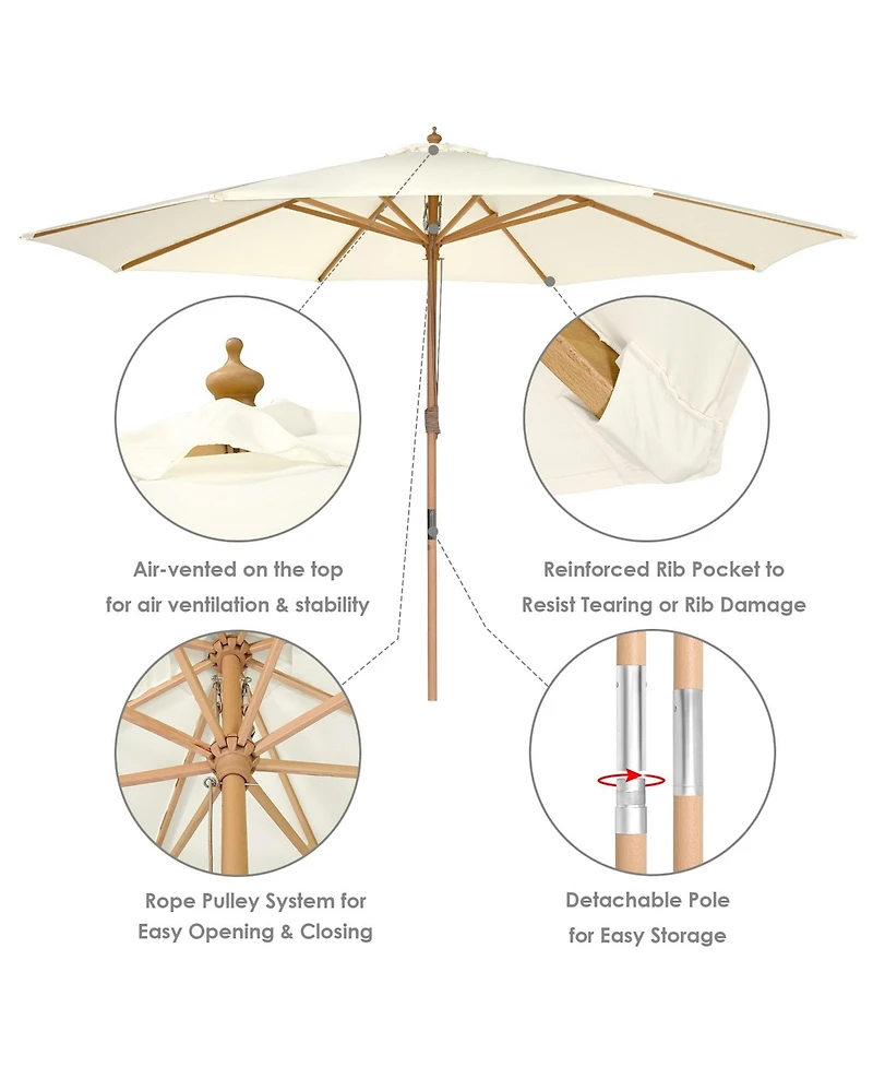 Yescom 13FT Large Wooden Outdoor Patio Umbrella Solid German Beech Pole Rope Pulley Lift for Deck Pool Backyard Garden Market Beach Parasol,Ivory
