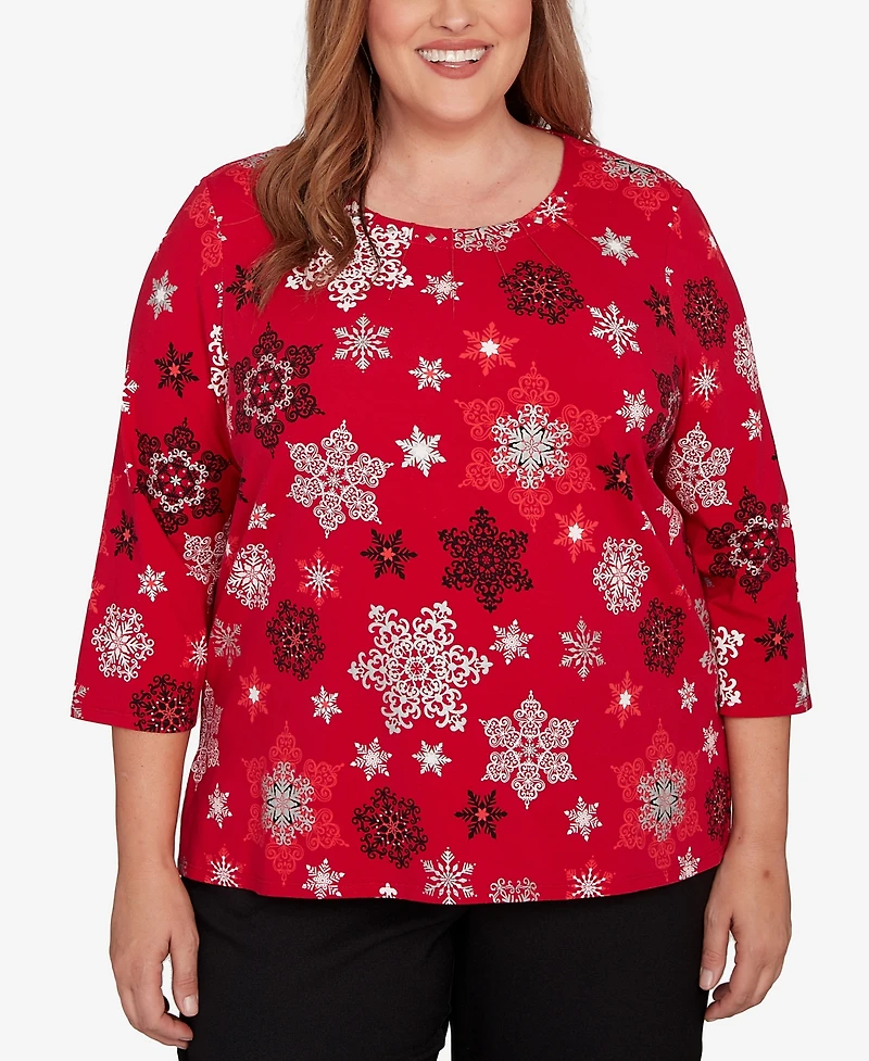 Alfred Dunner Plus Classic Embellished Snowflake Pleated Neck Top