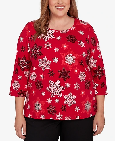 Alfred Dunner Plus Classic Embellished Snowflake Pleated Neck Top