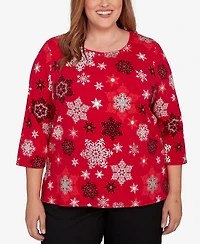 Alfred Dunner Plus Classic Embellished Snowflake Pleated Neck Top