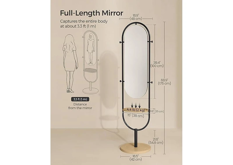Songmics Home Standing Body Mirror with Hooks