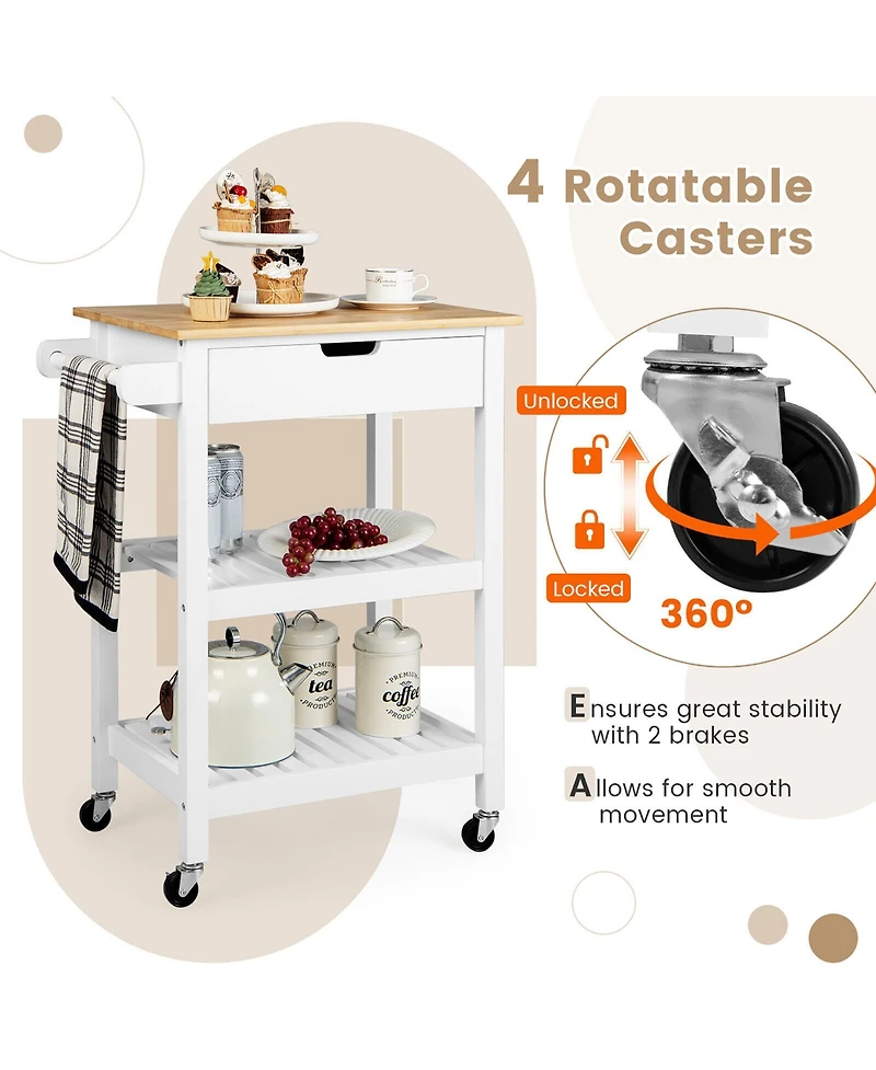 Gymax 3-Tier Kitchen Island Cart Rolling Service Trolley w/ Bamboo Top Shelves