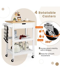 Gymax 3-Tier Kitchen Island Cart Rolling Service Trolley w/ Bamboo Top Shelves