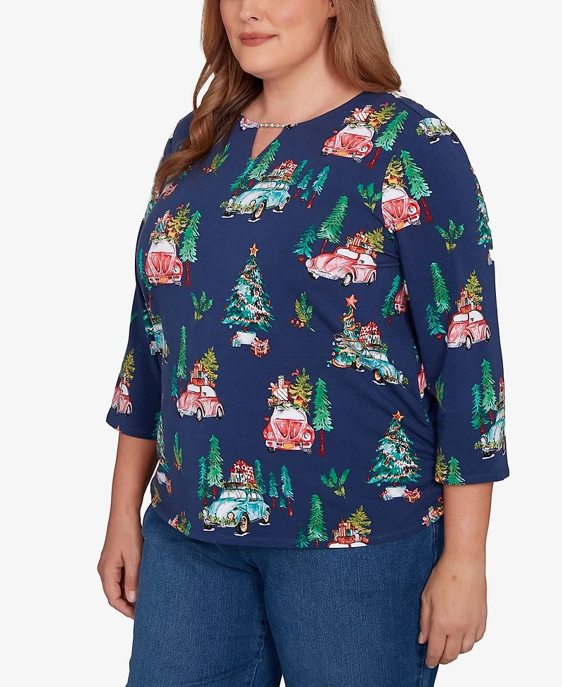 Alfred Dunner Plus Classic Christmas Tree Print Beaded Keyhole Neck Top