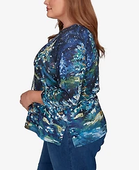 Alfred Dunner Plus Classic Starry Night Holiday Tree Crew Neck Top