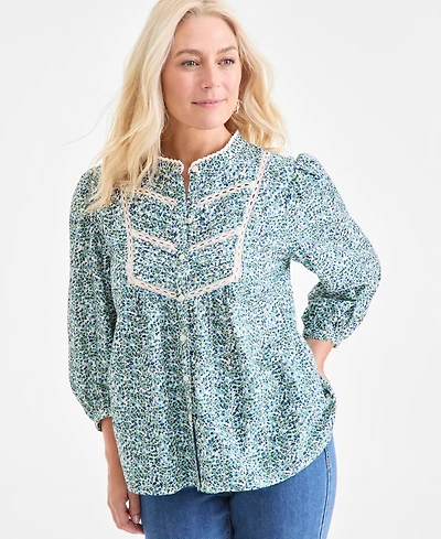 Style & Co Women's Printed Cotton Lace-Trim Blouse, Macy's Exclusive