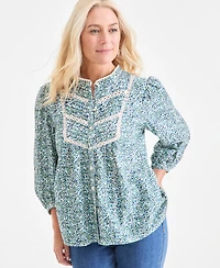 Style & Co Women's Printed Cotton Lace-Trim Blouse, Macy's Exclusive