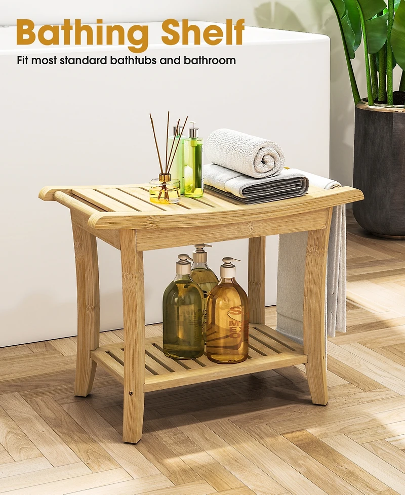 Curved Bamboo Shower Bench with Storage Shelf