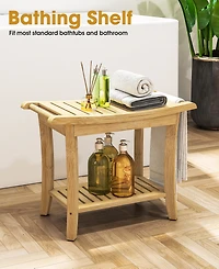 Curved Bamboo Shower Bench with Storage Shelf