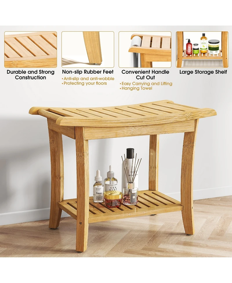 Curved Bamboo Shower Bench with Storage Shelf